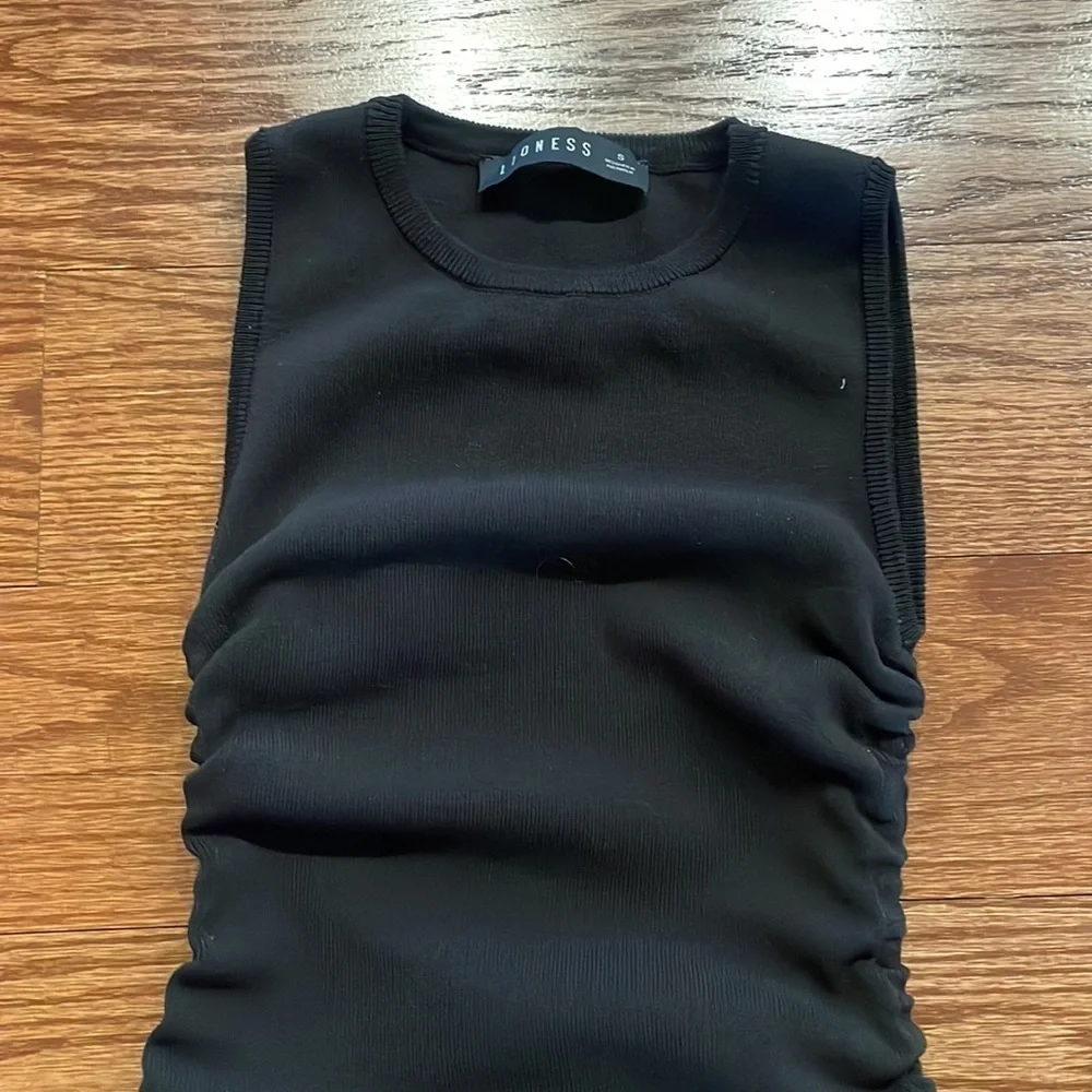 LIONESS women’s Military Minds mini dress black knit drawstring sides ruching SM